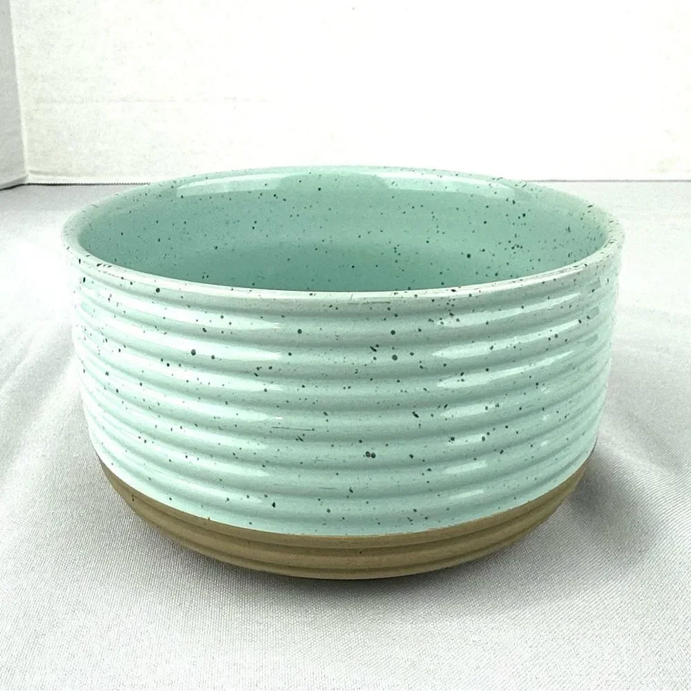 Set of 3 Ceramic Bowl and Large Soup Mugs Blue and Tan